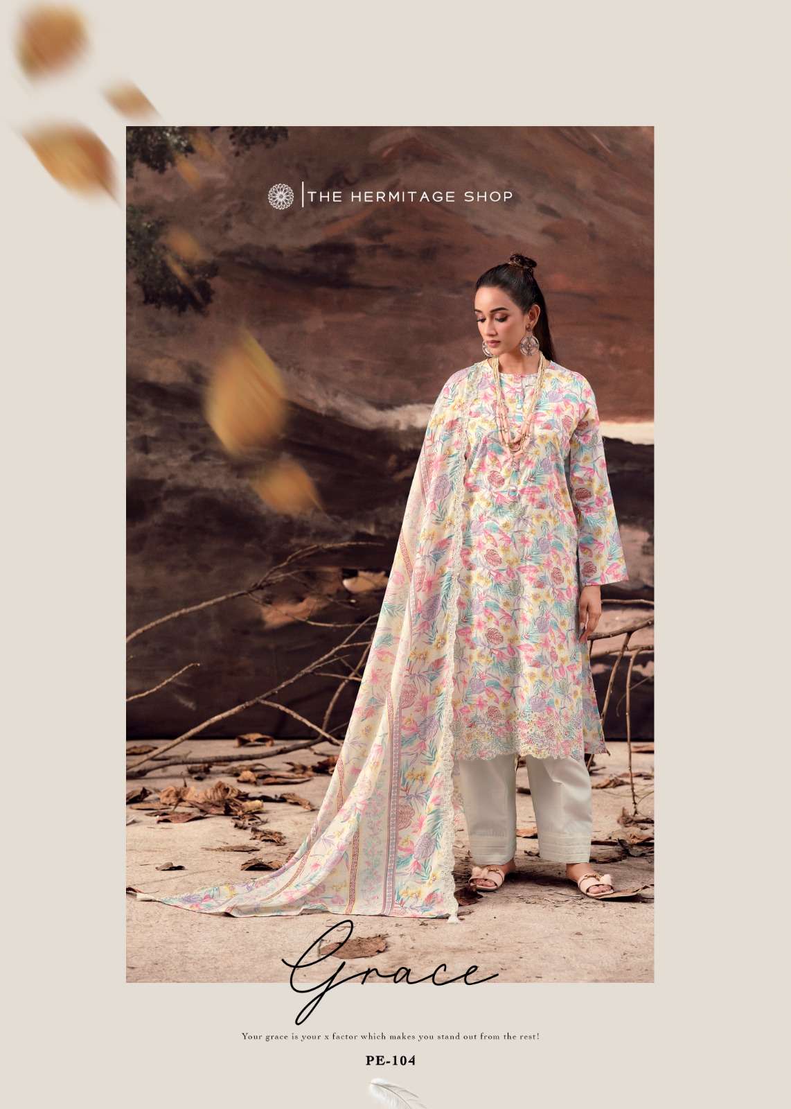 THE HERMITAGE SHOP PETALS IN MAL LAWN COTTON SCHIFFLI WORK SUIT LUXURY WEAR AND FESTIVE FASHION 
